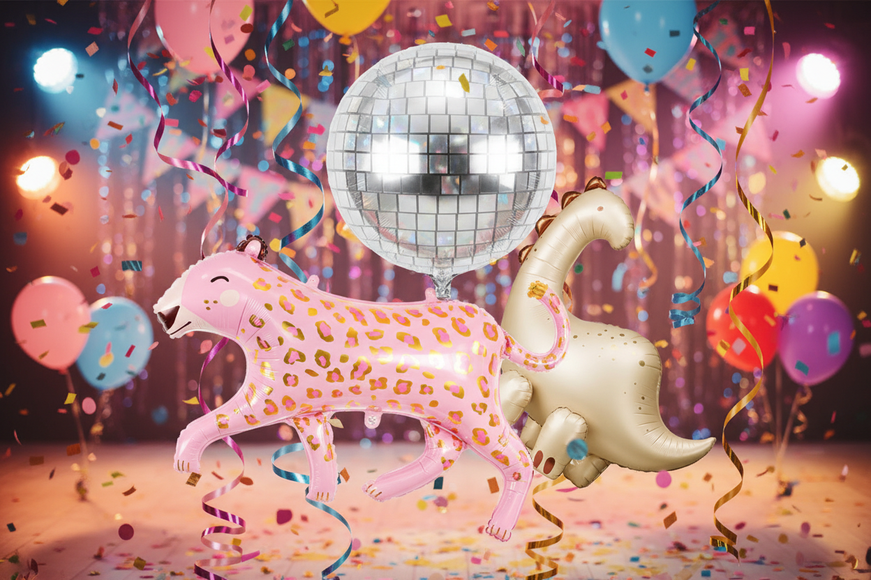 Pink Leopard, Disco Ball & Dino Balloon Party